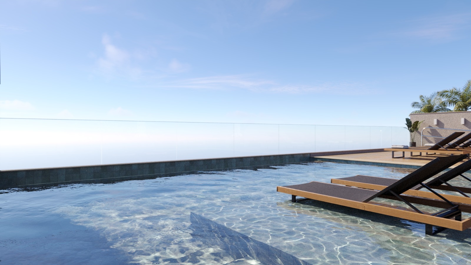 Perspectiva artística do rooftop com piscina de borda infinita
