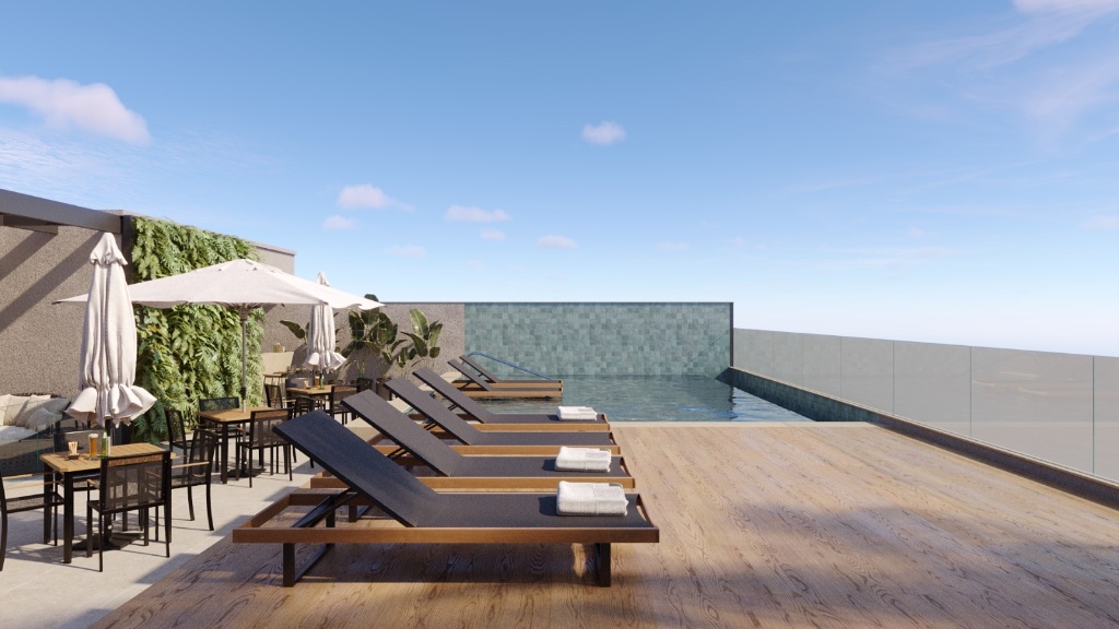 Perspectiva artística da área de solarium e deck de madeira