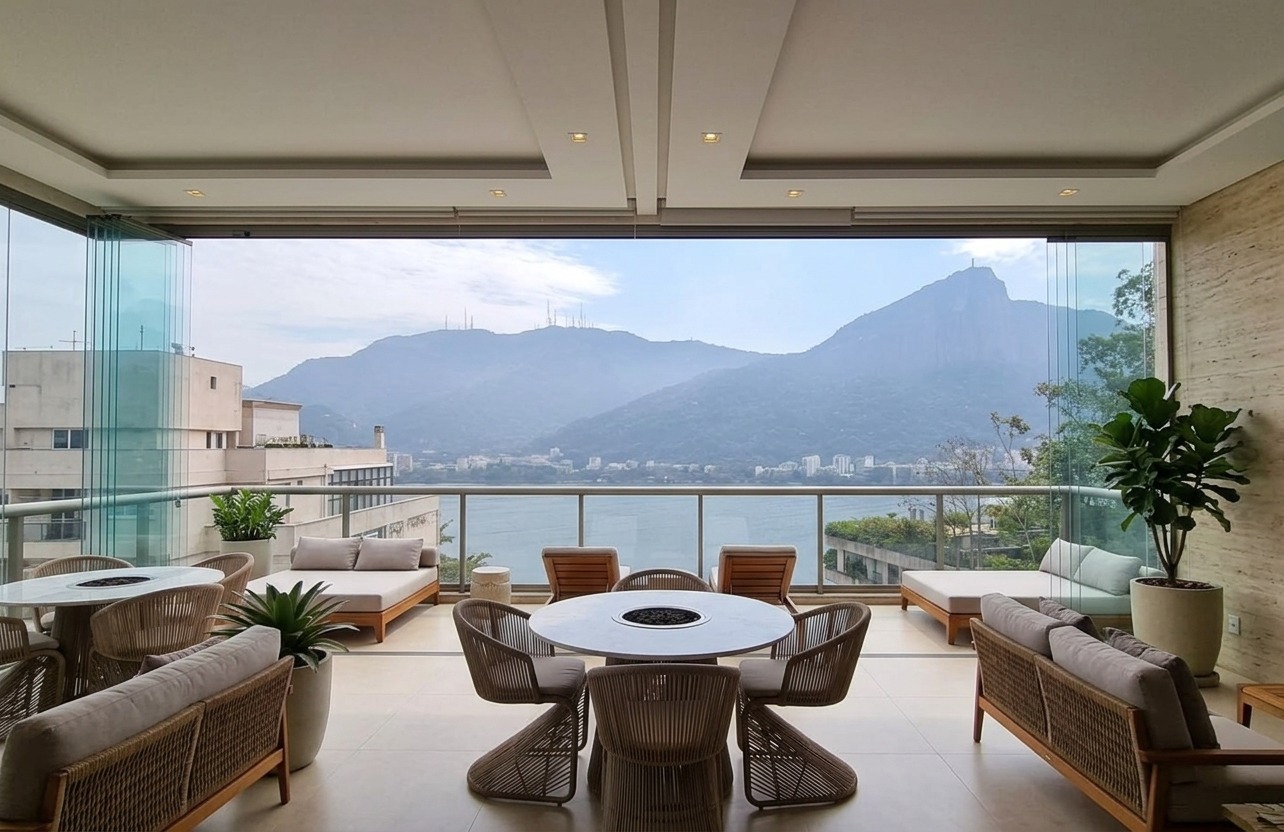 Varanda gourmet integrada com vista panorâmica para a Lagoa e Cristo Redentor